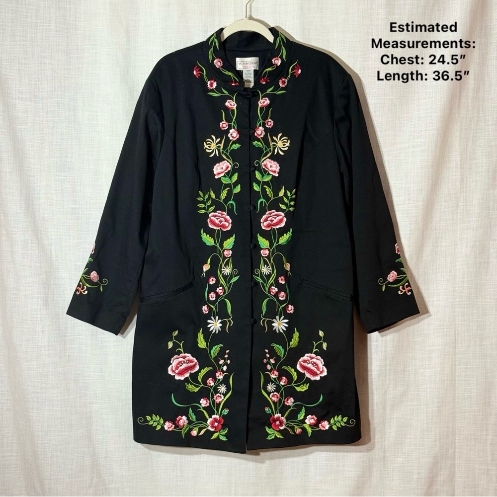 Victor Costa Floral Embroidered Long‎ Coat Black 2X Mandarin Collar